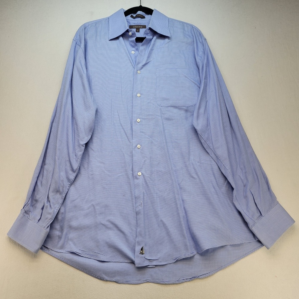 Nordstrom Dress Shirt Mens 17/36 Blue Micro Check Cotton Long Sleeve Button Down
